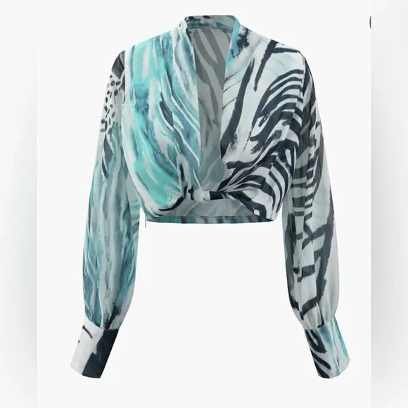 Printed Lantern Sleeve Twist Hem Shirt And Asymmetric Fringe Skirt Set NWT | L - Picture 2 of 10